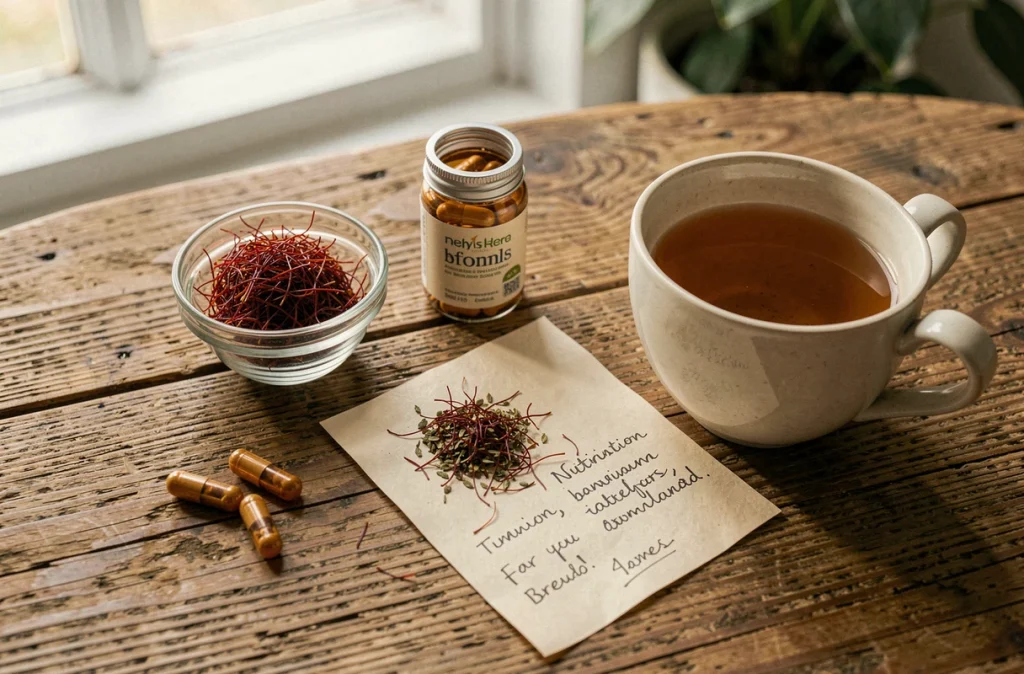 Mise en scène de filaments de safran séchés, capsules de complément et thé sur une table en bois rustique
