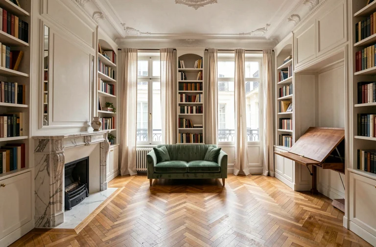 Salon haussmannien optimisé avec bibliothèques intégrées, parquet en chevrons et bureau escamotable dans une alcôve