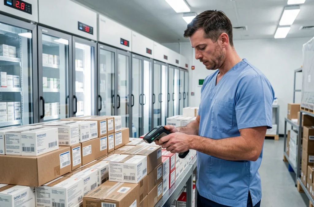 Technicien logistique scannant des colis pharmaceutiques dans un entrepôt frigorifique moderne