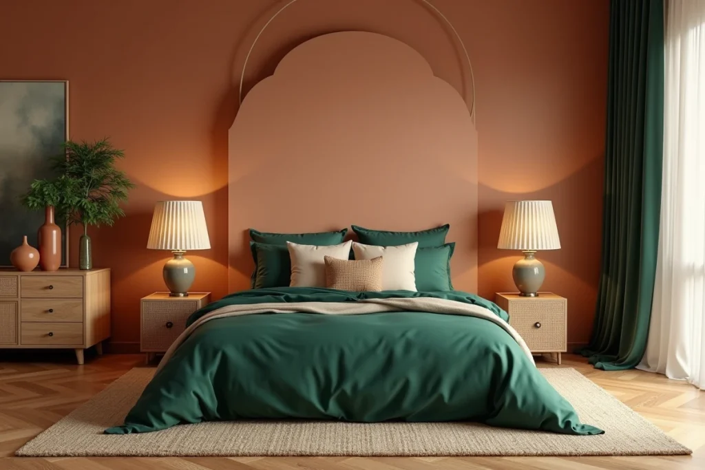 Chambre contemporaine avec tête de lit en lin vert forêt, mur en argile courbe et chevets en rotin tendance déco 2024