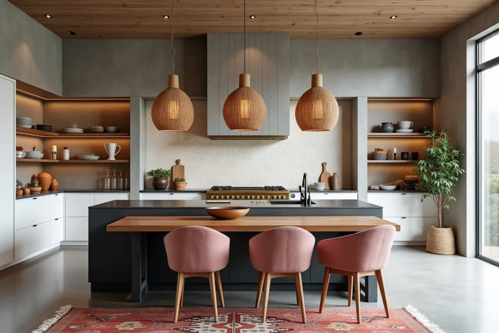 Cuisine ouverte tendance avec îlot en pierre anthracite cannelée, carrelage zellige et salle à manger en chêne brut