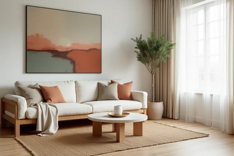 Salon moderne aux tendances décoration scandinave avec canapé bouclé, table en travertin et mur en plâtre blanc