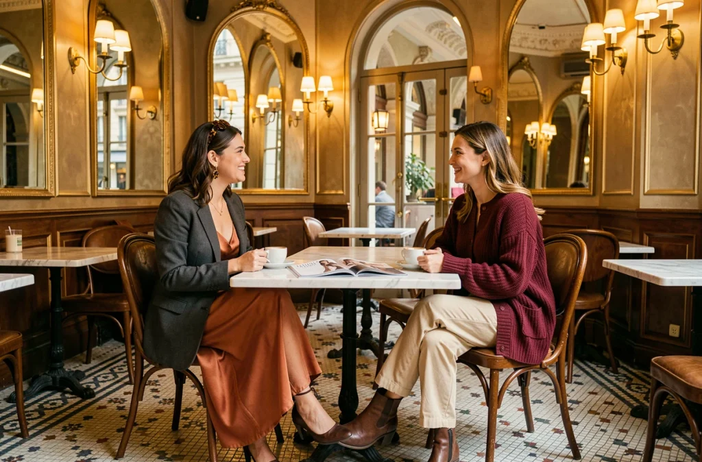 Deux femmes en tenues tendance automne-hiver attablées dans une brasserie parisienne chic, looks mode saison robe slip et cardigan oversize