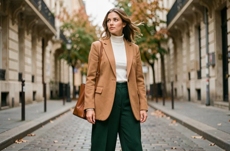 Femme élégante en blazer camel oversize et pantalon large vert forêt dans une rue parisienne en automne, tendances mode saison