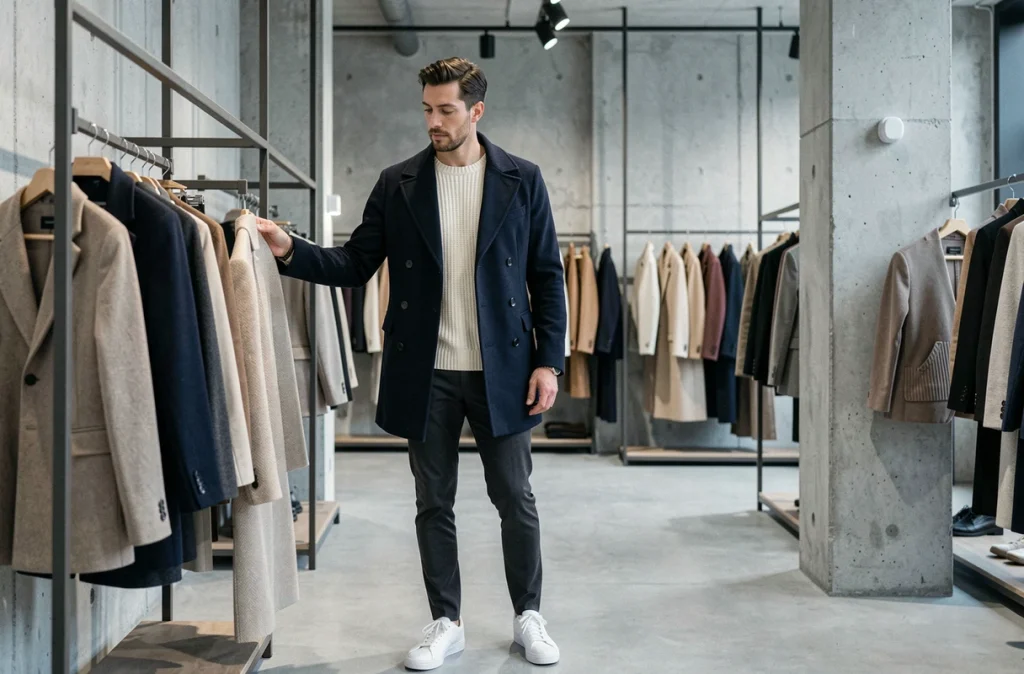 Homme en manteau marine double boutonnage et pull en maille crème dans une boutique mode minimaliste contemporaine, nouvelles tendances masculines