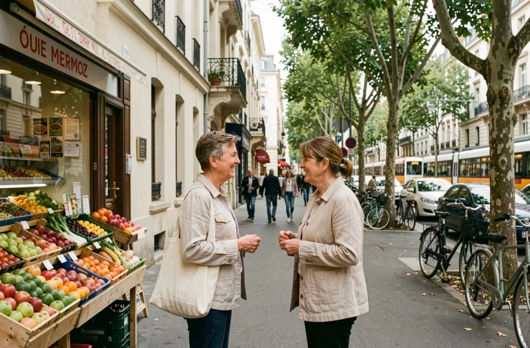 Une femme discute avec un commerçant devant une épicerie du quartier Mermoz à Lyon, ambiance de rue animée et architecture lyonnaise typique