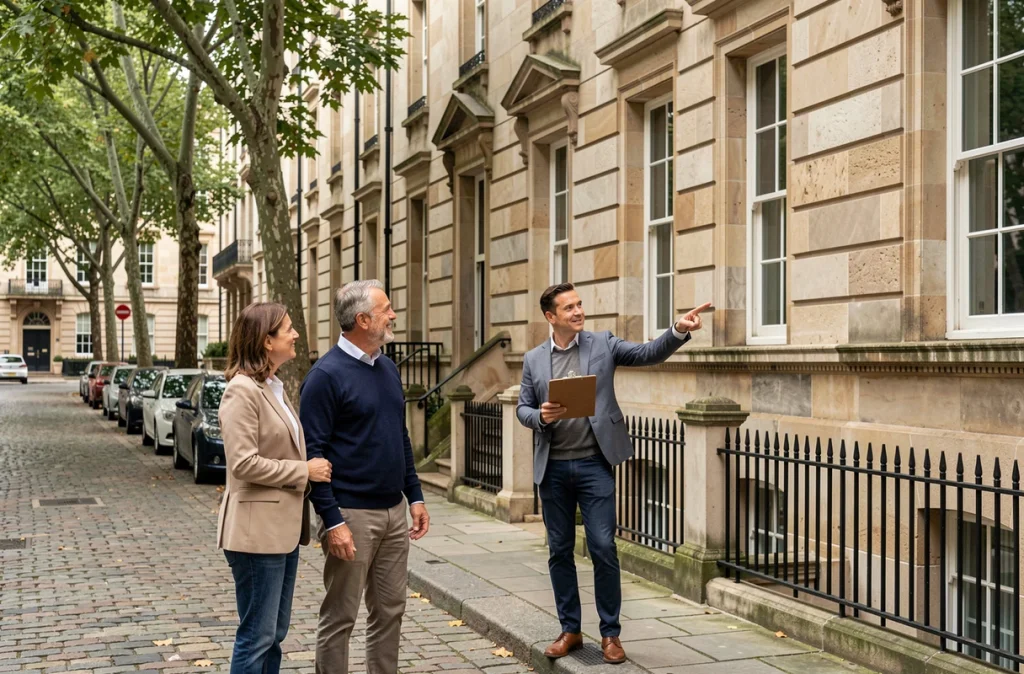 Couple visitant un immeuble résidentiel avec un agent immobilier dans une rue calme