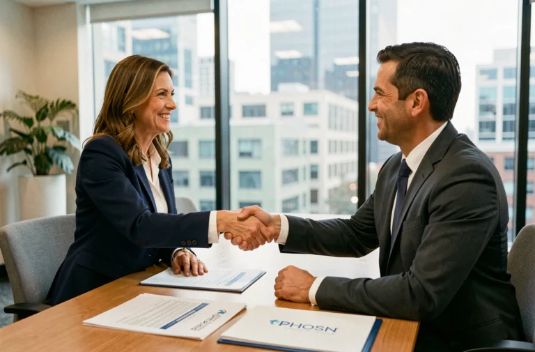 Femme d'affaires et franchiseur signant un accord de franchise dans une salle de réunion moderne à Montréal