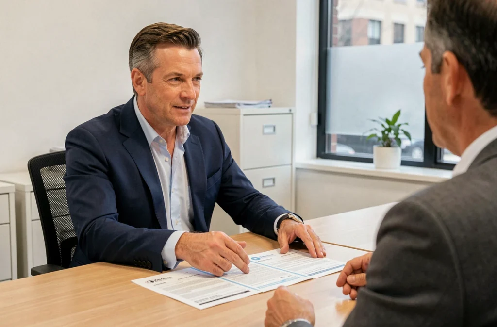 Agent d'assurance immobilière présentant les garanties d'un contrat à un client