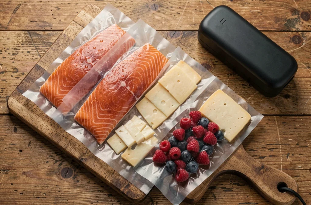 Aliments variés conservés sous vide avec la Magic Vac Maxima 2 : saumon, fromage et fruits rouges sur planche en bois