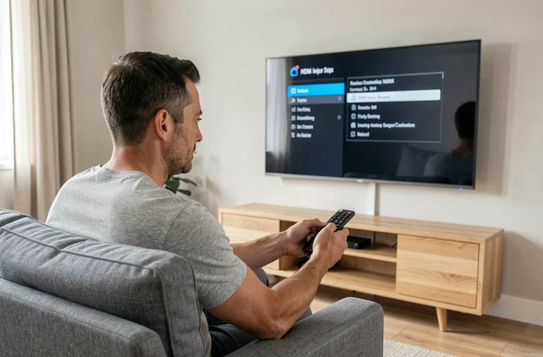 Homme appuyant sur la télécommande TCL pour sélectionner l'entrée HDMI sur l'écran du téléviseur dans un salon moderne