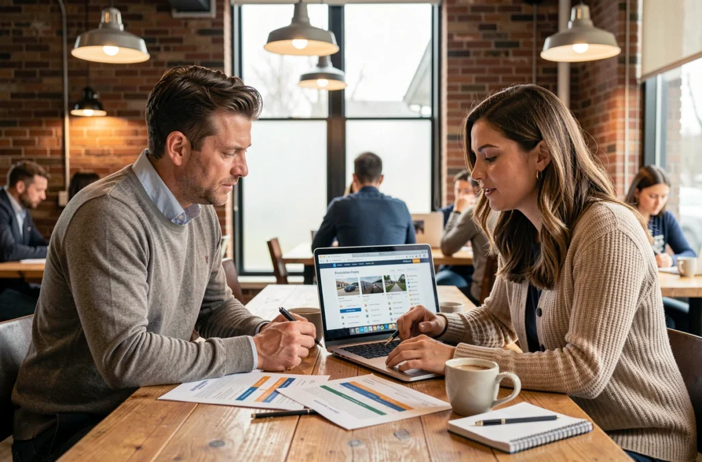 Deux entrepreneurs analysant des options de franchise rentable sur des documents et un ordinateur dans un espace de co-working québécois