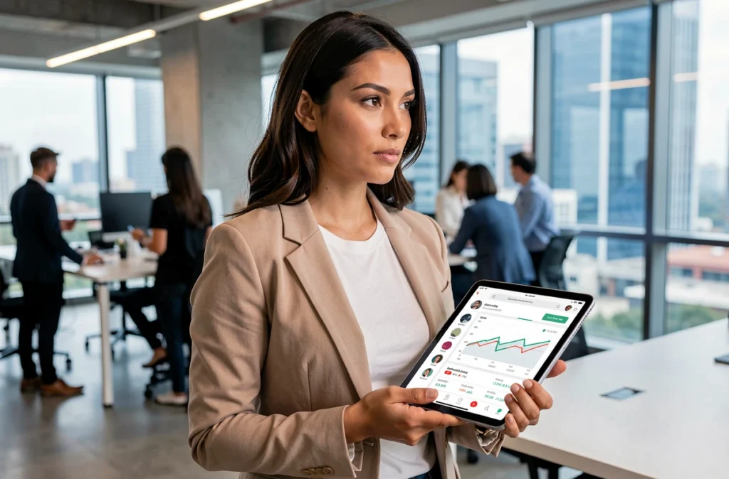 Femme analyste de contenu consultant les statistiques YouTube sur une tablette dans un espace de coworking