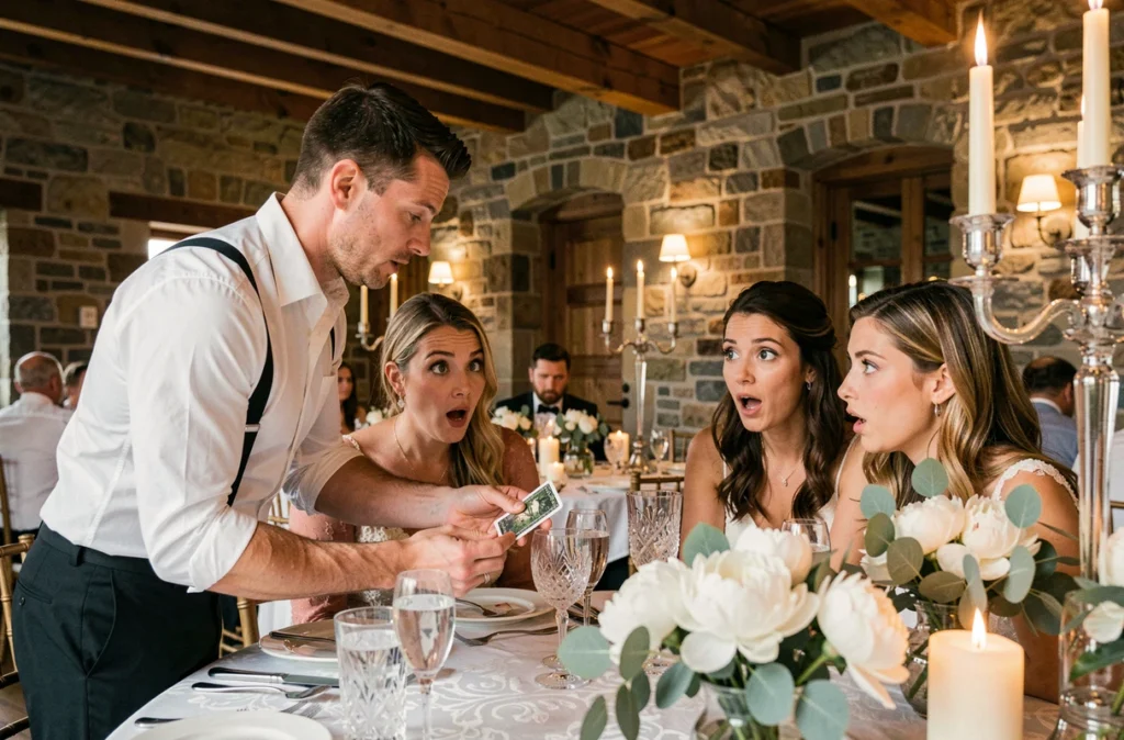 Magicien réalisant un tour de cartes pour des invités ébahis lors d'un dîner de mariage en salle de réception rustique