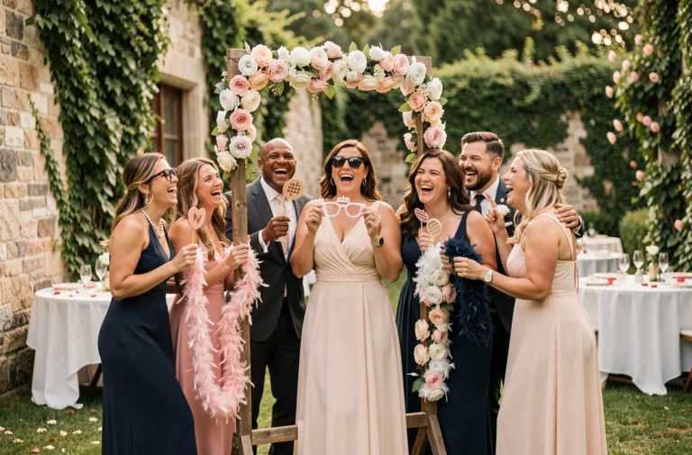Groupe d'invités hilares autour d'un photobooth vintage fleuri lors d'une réception de mariage en jardin