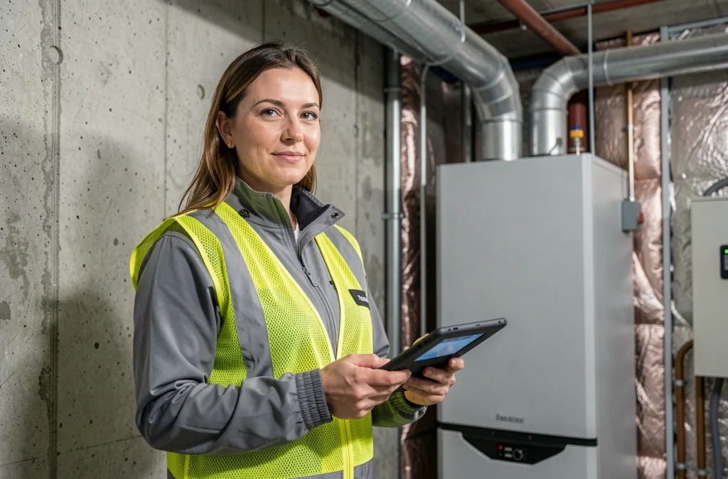 Auditrice énergétique réalisant un diagnostic technique dans la chaufferie d'une copropriété