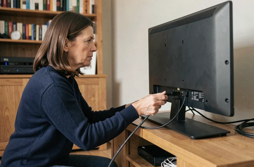 Femme branchant un câble HDMI à l'arrière d'un téléviseur TCL dans un espace multimédia organisé à la maison