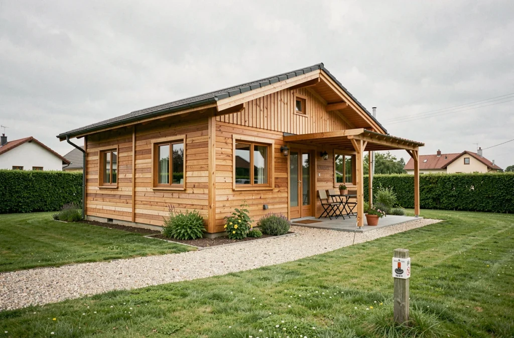 Chalet en bois habitable installé sur un terrain résidentiel semi-rural avec jardin