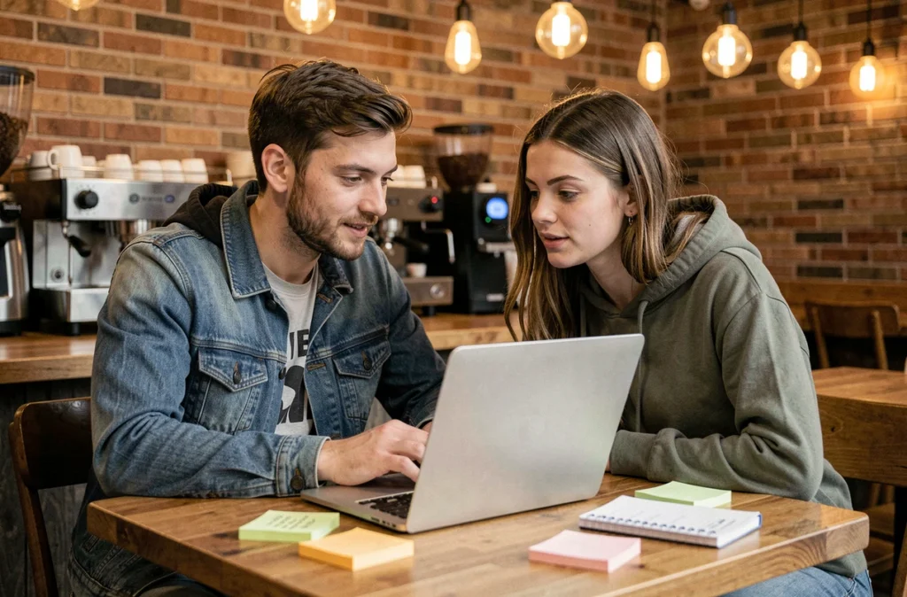 Deux créateurs de contenu collaborant sur une stratégie YouTube dans un café pour gagner des abonnés
