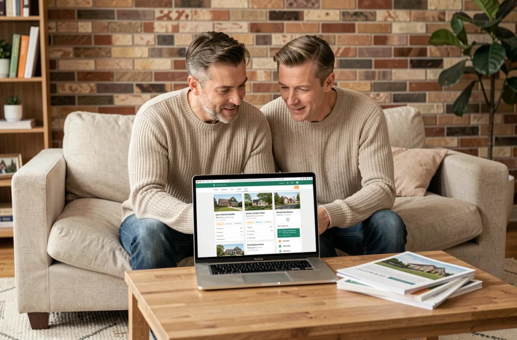 Couple cherchant un bien immobilier en consultant la page sitemap d'un site dédié depuis leur salon