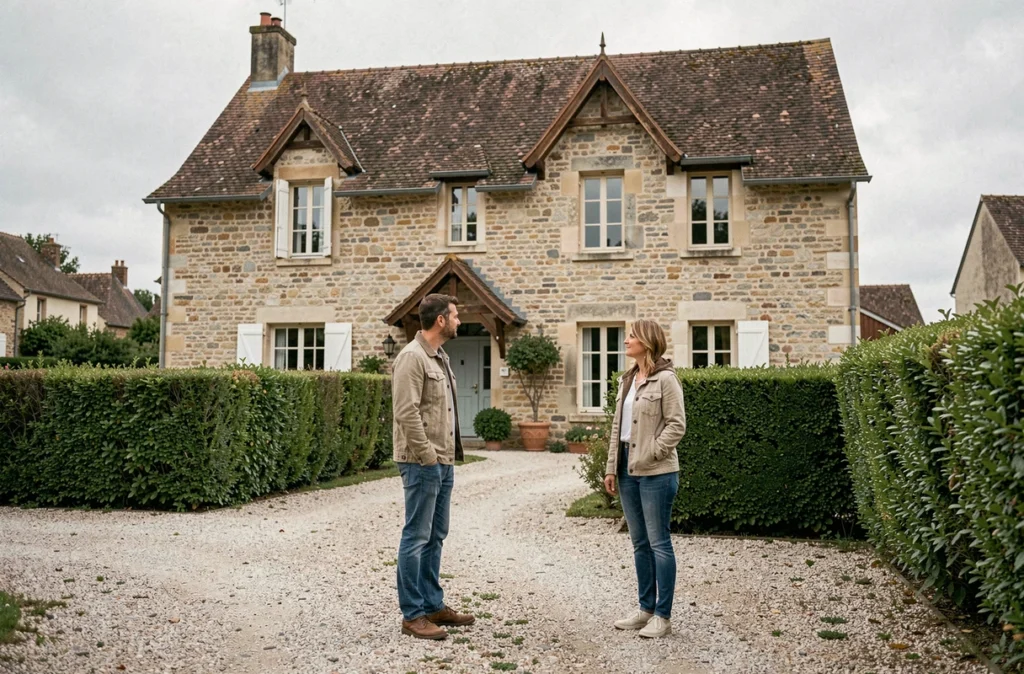 Couple de propriétaires devant leur maison assurée dans un quartier résidentiel français