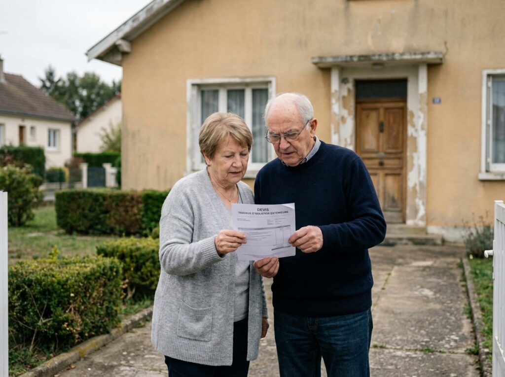 Couple de retraités devant leur maison consultant un devis pour des travaux d'isolation extérieure