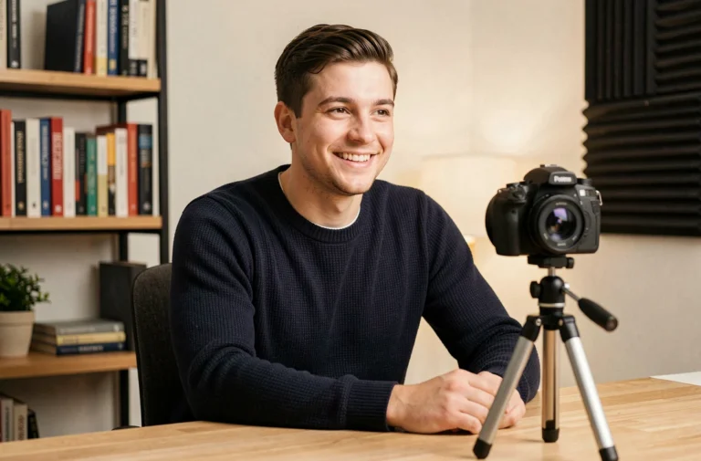 Jeune créateur YouTube filmant une vidéo depuis son bureau à domicile pour atteindre 1000 abonnés