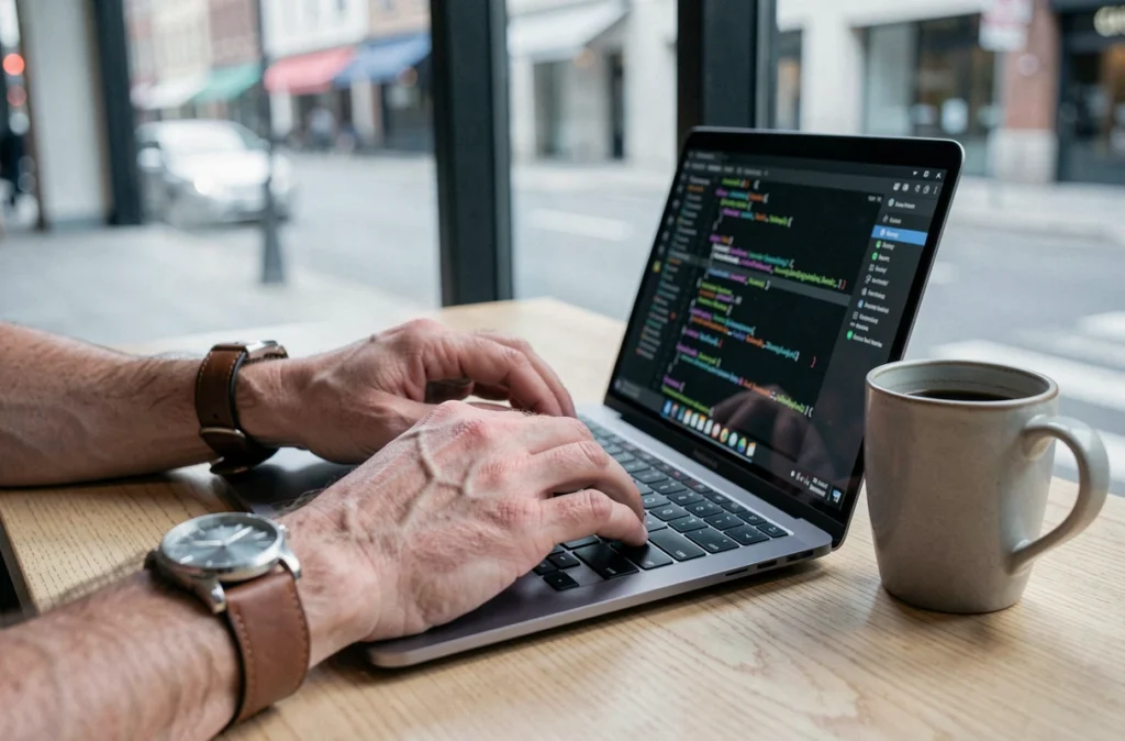 Mains d'un professionnel tapant du code XML pour créer un sitemap sur un ordinateur portable dans un café