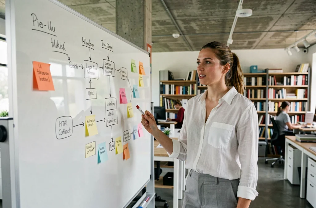 Designer UX debout devant un tableau blanc avec une arborescence de sitemap dessinée à la main