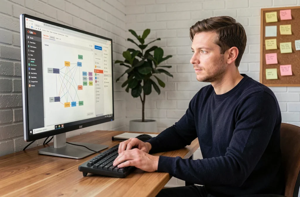 Développeur web consultant un diagramme de sitemap sur son écran d'ordinateur dans un bureau moderne