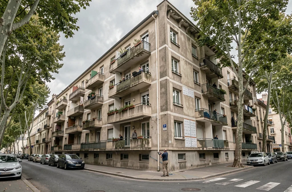 Technicien effectuant un relevé énergétique sur la façade extérieure d'un immeuble en copropriété