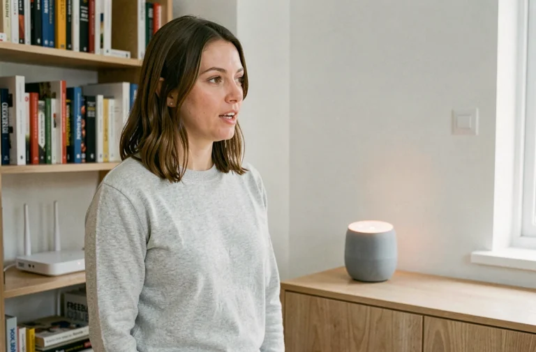Femme configurant sa Freebox Pop avec Ok Google dans un salon moderne au style scandinave