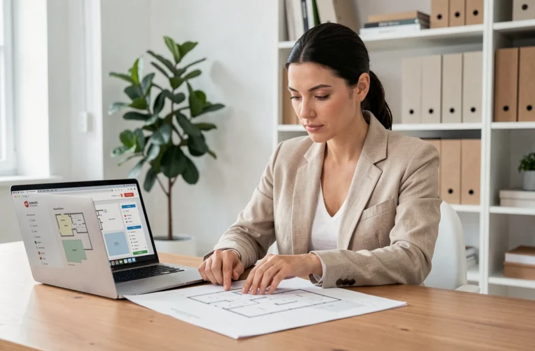 Femme consultant un plan immobilier et un site web avec une page sitemap sur un ordinateur portable dans un bureau moderne