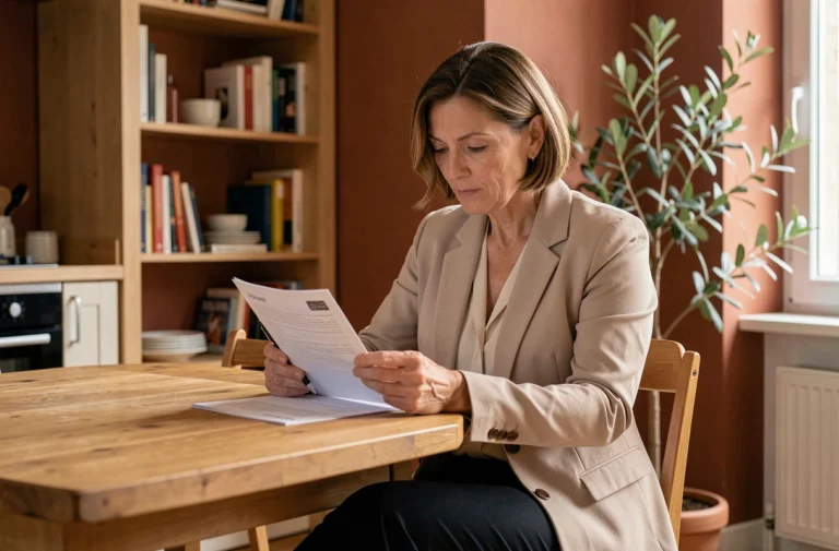 Femme consultant un contrat d'assurance habitation à la table de sa cuisine moderne