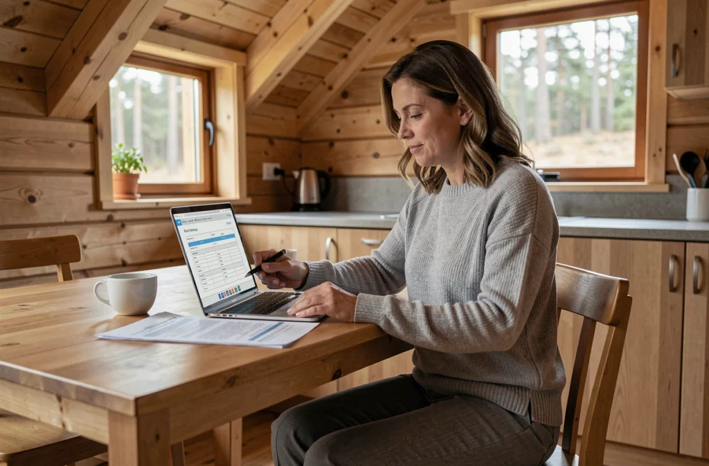 Femme consultant des documents administratifs pour l'autorisation d'habiter un chalet en bois