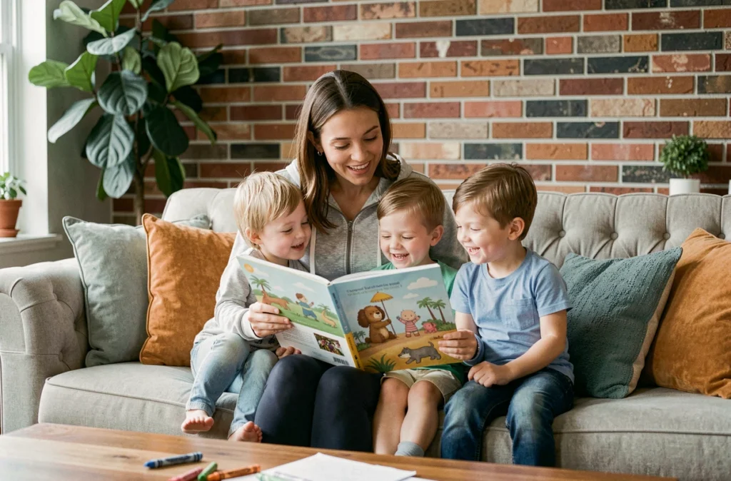 Assistante maternelle lisant une histoire illustrée à deux enfants sur un canapé dans un intérieur moderne
