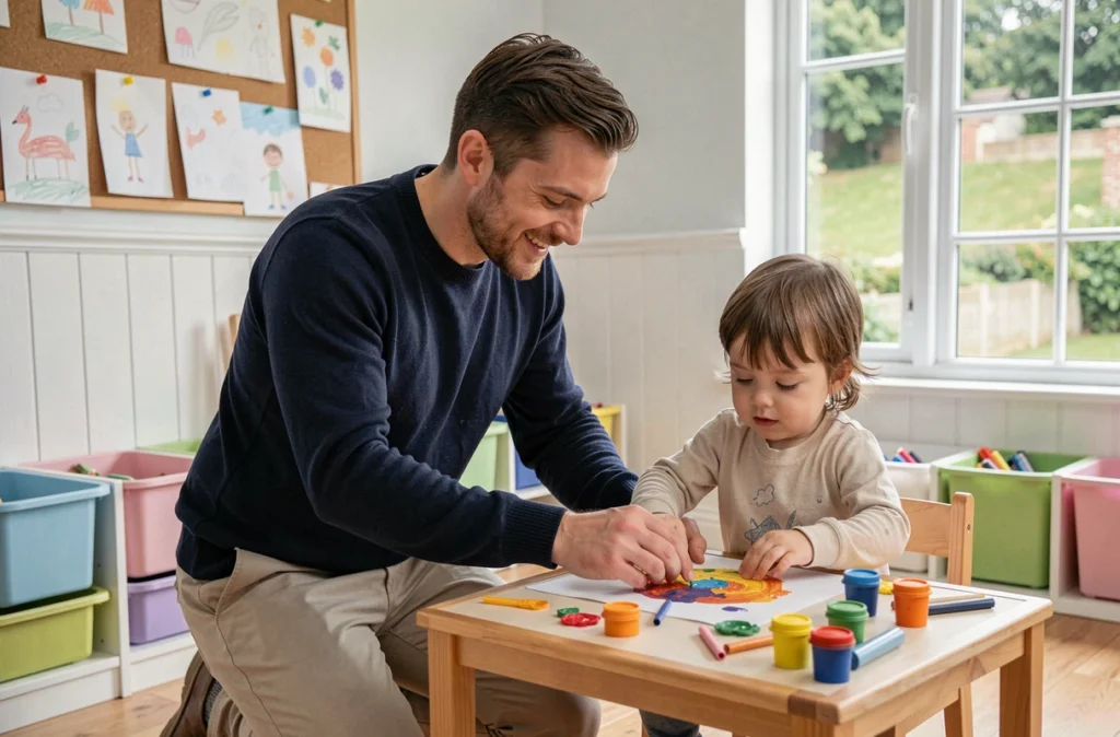 Garde d'enfant masculin accompagnant un enfant dans une activité peinture dans une salle de jeux à domicile