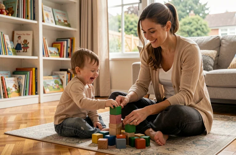 Nounou à domicile jouant avec un tout-petit sur le parquet d'un salon familial chaleureux