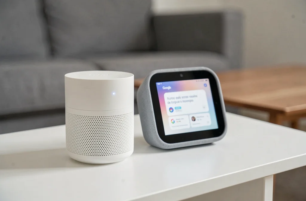 Gros plan de la Freebox Pop et du Google Nest Hub posés côte à côte sur un meuble TV épuré