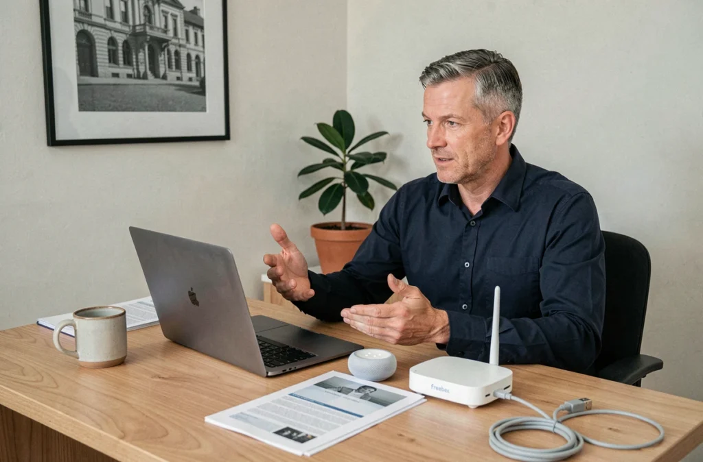 Homme configurant sa Freebox Pop via Ok Google depuis un bureau à domicile avec un ordinateur portable