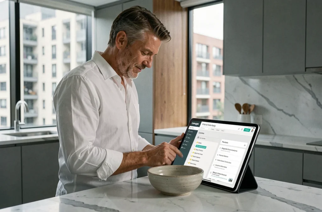 Homme parcourant la page sitemap d'un site immobilier sur une tablette dans une cuisine moderne et lumineuse