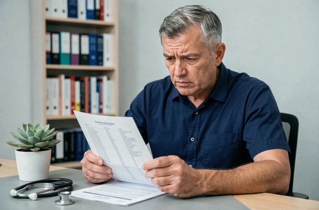 Homme consultant ses résultats d'analyse sanguine montrant des gamma GT élevés dans un cabinet médical