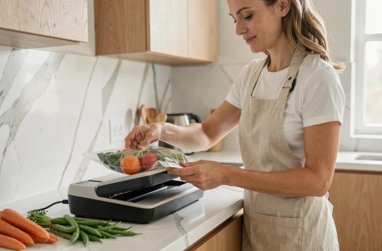 Femme utilisant une machine à mise sous vide Magic Vac Maxima 2 dans une cuisine moderne pour conserver des légumes frais