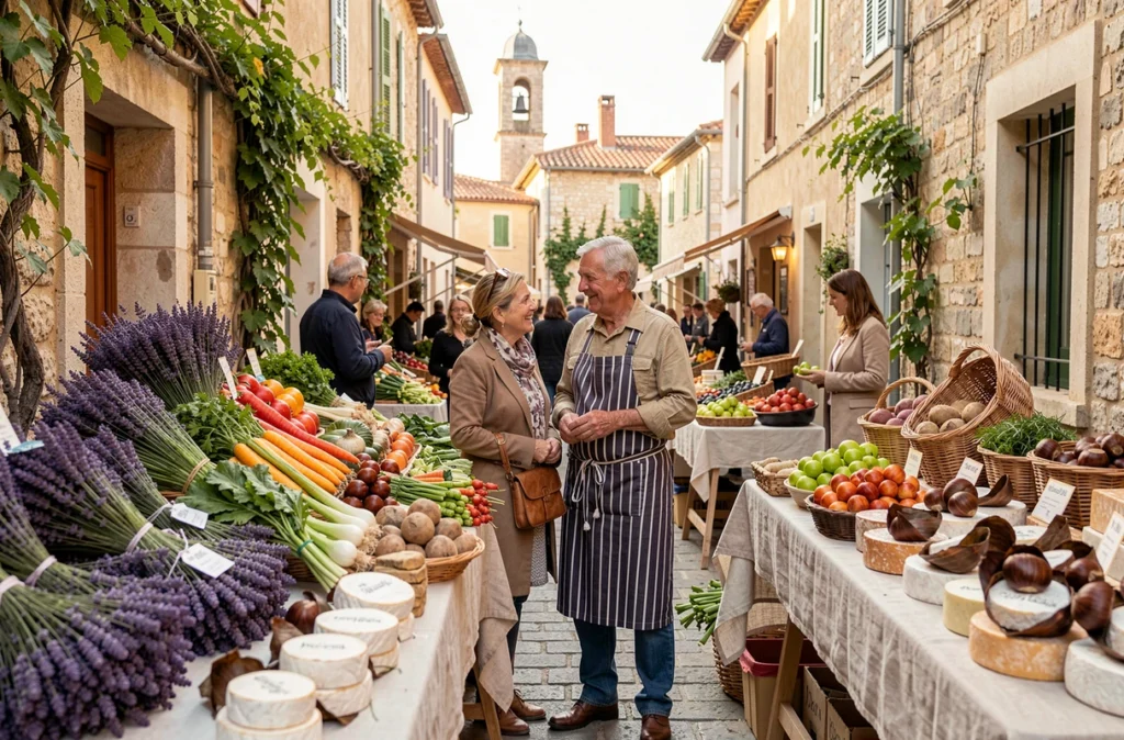Marché provençal en plein air à Fuveau avec étals de légumes, lavande et fromages locaux
