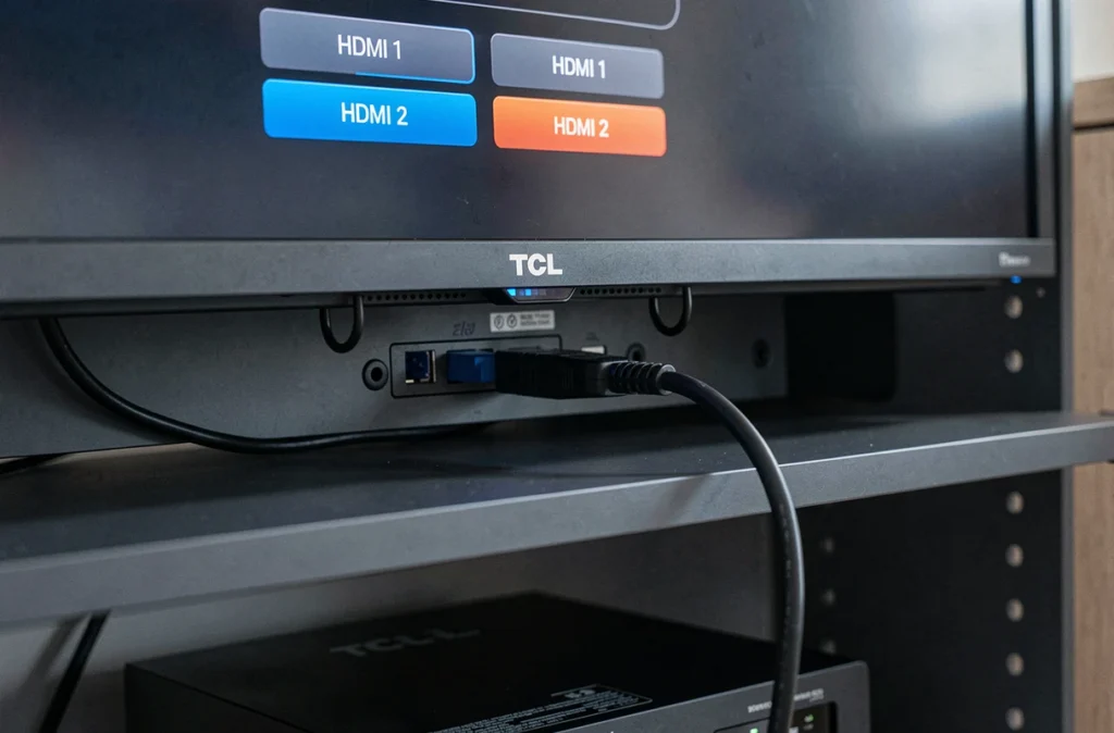 Écran TCL affichant le menu de sélection de source HDMI avec câble HDMI branché sur le port arrière du téléviseur