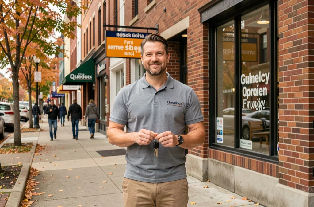 Nouveau franchisé tenant les clés de sa franchise devant une boutique commerciale au Québec en automne