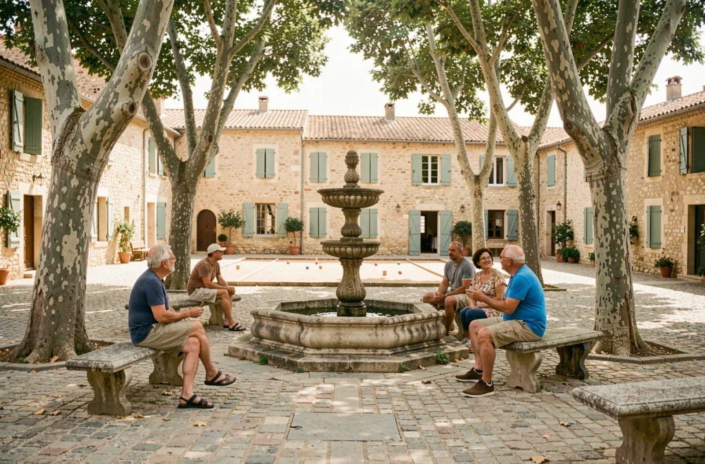 Place du village de Fuveau en Provence avec fontaine en pierre, platanes et habitants locaux discutant sur des bancs
