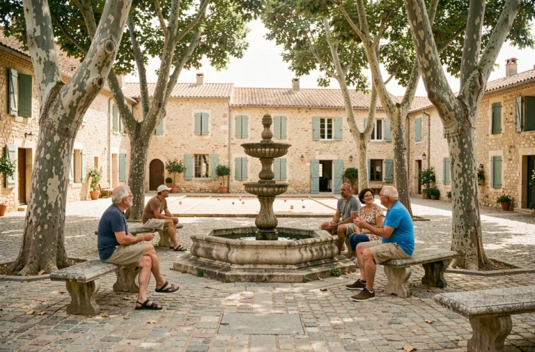 Place du village de Fuveau en Provence avec fontaine en pierre, platanes et habitants locaux discutant sur des bancs