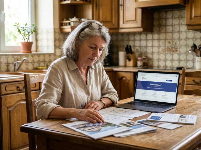 Retraitée examinant des documents d'aides à la rénovation de logement à sa table de cuisine