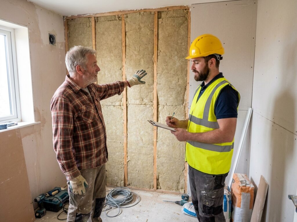 Senior propriétaire discutant de travaux de rénovation avec un artisan dans sa salle de bain en chantier